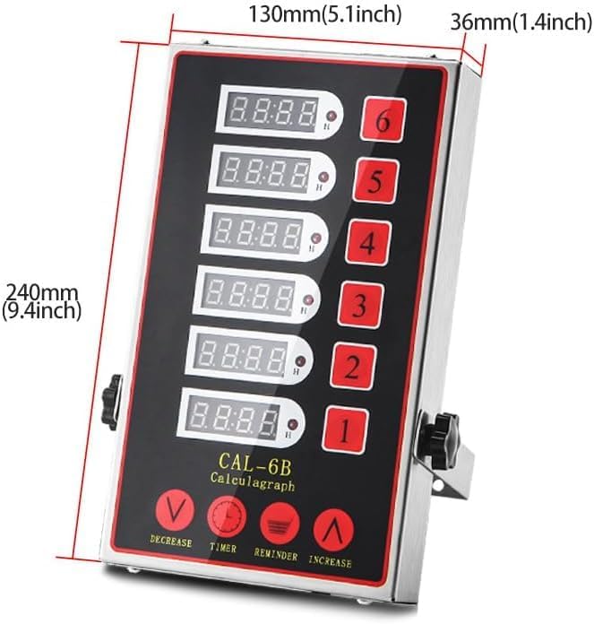Commercial Kitchen Timer with 6 Channels, Professional LED Digital Timer for Cooking, Loud Alarm Volume +/-, Heavy Duty Stainless Steel Large Timers with Waterproof Panel & Memory Function