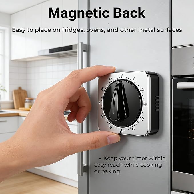 Searon Kitchen Timers for Cooking, Mechanical Wind Up Timer with Loud Ring, Magnetic Back, No Battery Needed, Stainless Steel Countdown Timer for Cooking and Baking