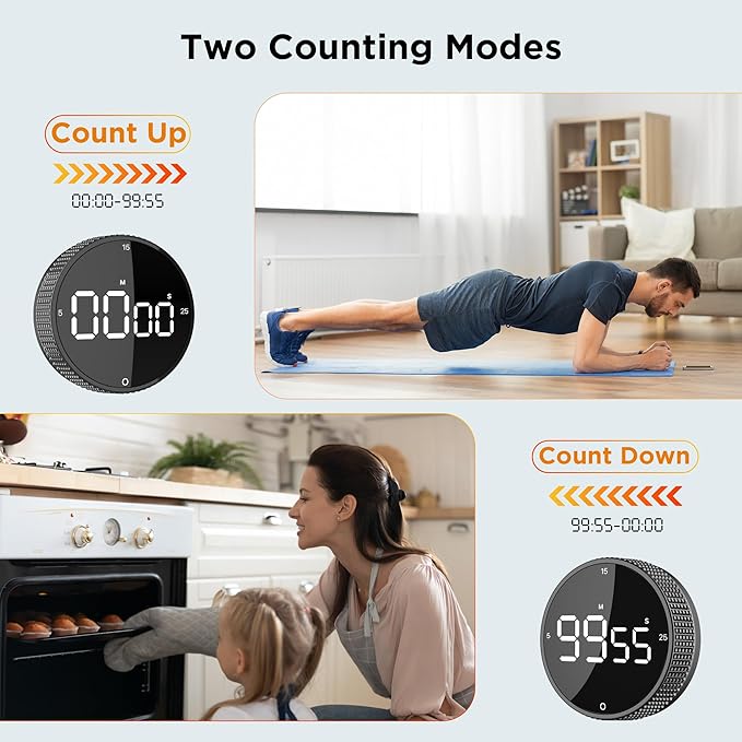 Upgrade Digital Kitchen Timer - 2 Pack Magnetic Countdown Countup Visual Pomodoro Timer with Large LED Display, 3-Preset Times, 3 Volume Levels, Ideal for Cooking, Baking and Fitness (2, Black)