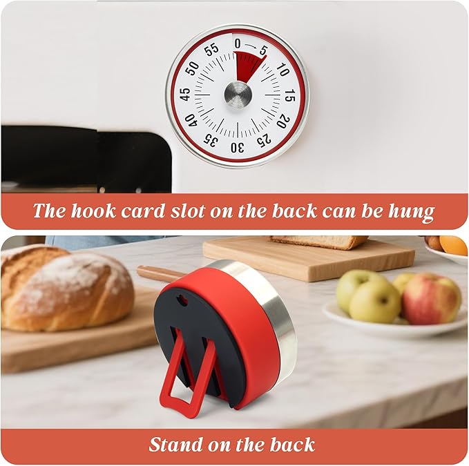 Kitchen Timer for Cooking,Chef Cooking Timer Clock,Visual Timers,60-Minute Countdown,Magnetic Base, Mechanical Clockwork,No Batteries Required,Ringer Alert,Timers for Kitchen/Study/Work/Gym,Red