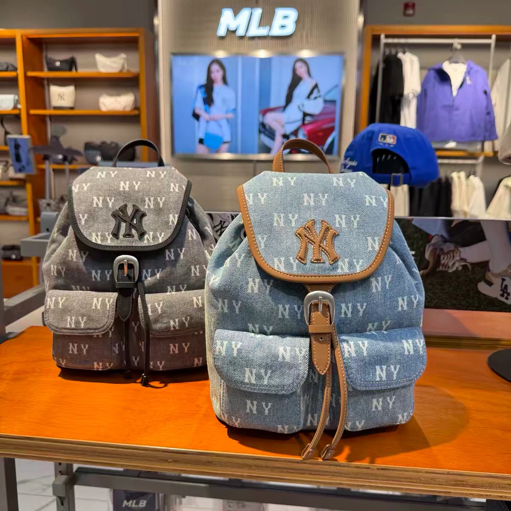 NY Monogram Denim Flap Drawstring Mini Backpack, Vintage Washed Denim Casual Daypack Light