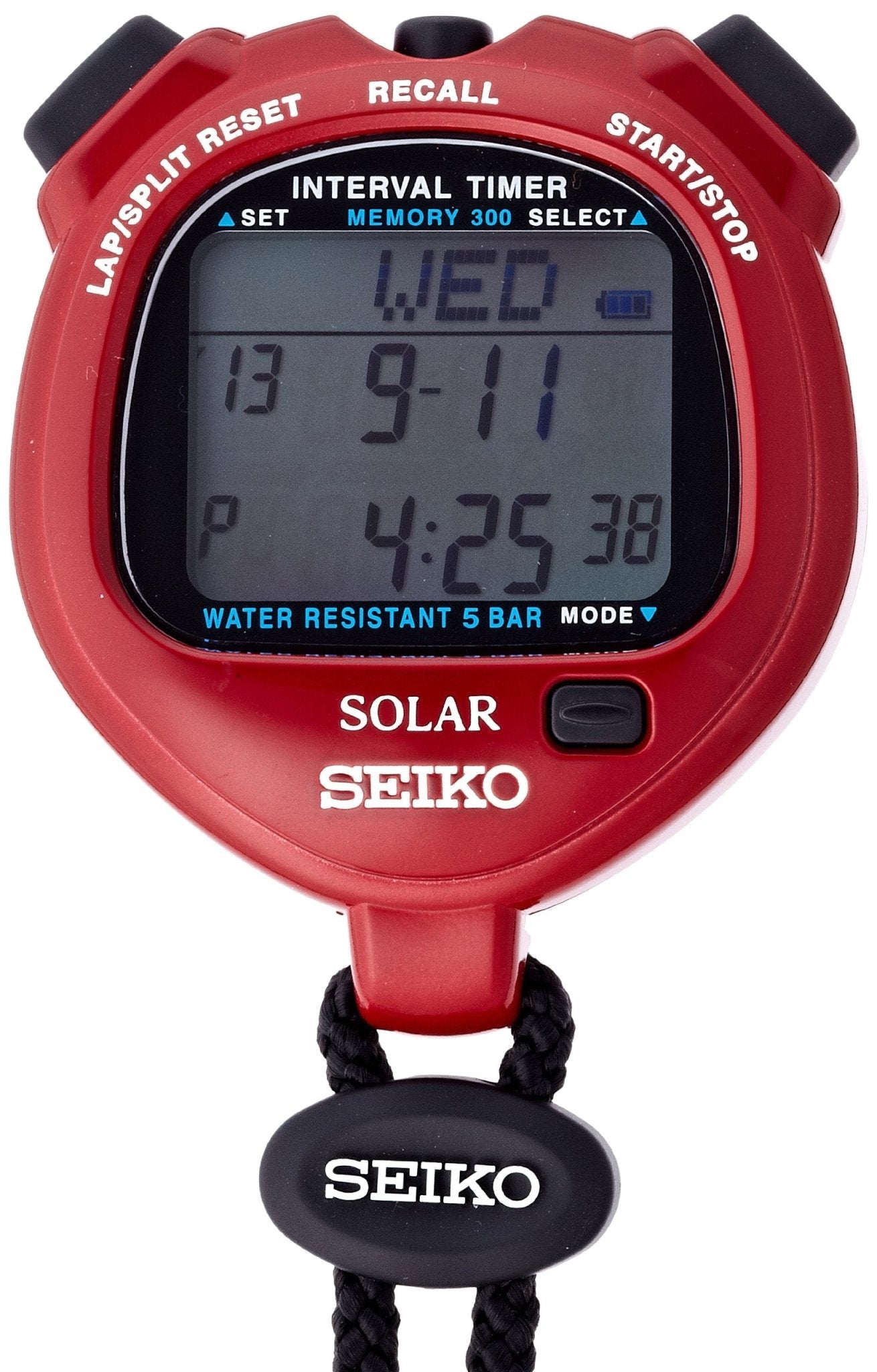 Seiko Solar Interval Training Sports Stopwatch Power Red SVAJ103, Lightweight 61g, 300 Lap Memory, Dual‑Repeat Interval Timer