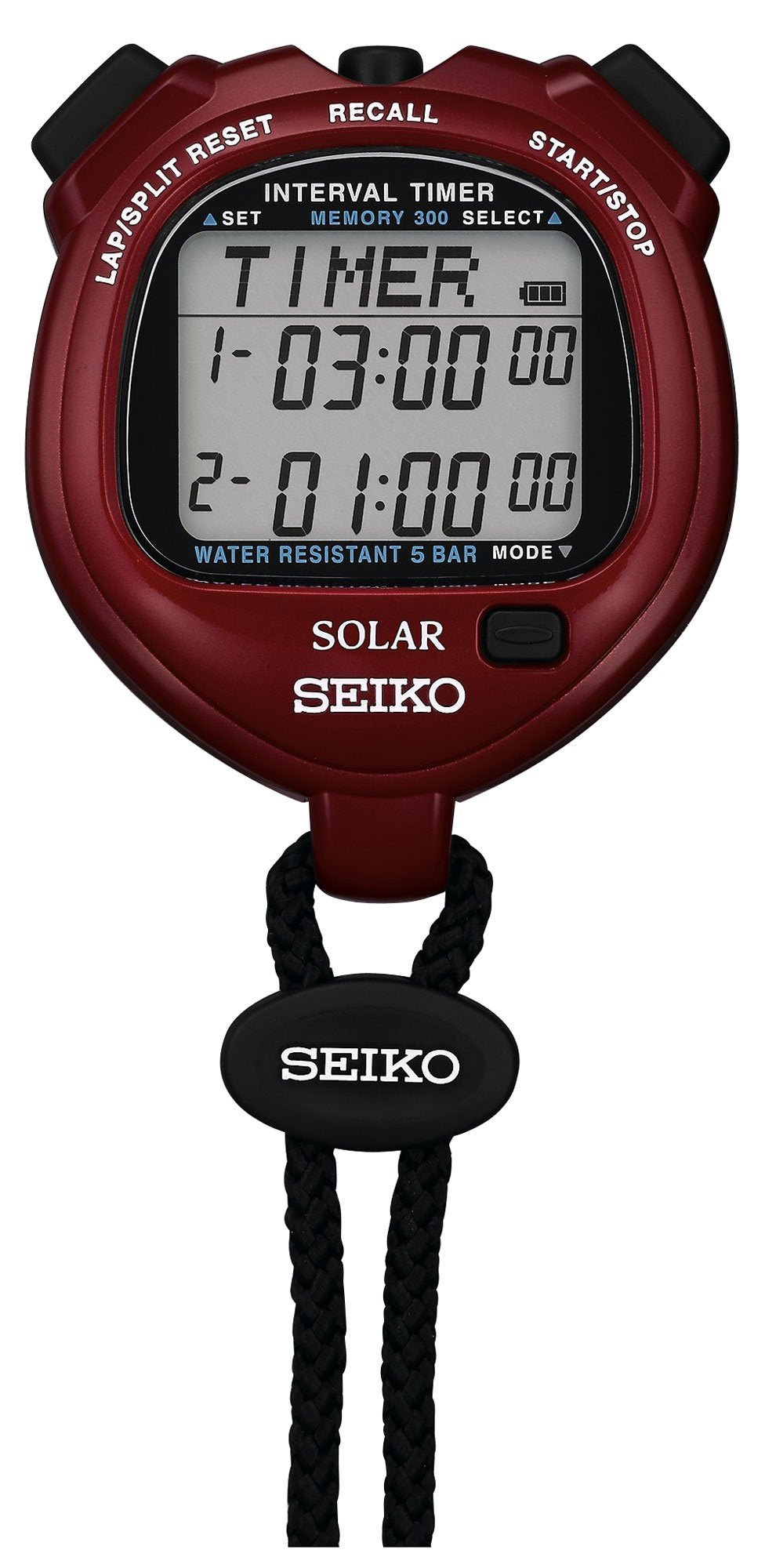 Seiko Solar Interval Training Sports Stopwatch Power Red SVAJ103, Lightweight 61g, 300 Lap Memory, Dual‑Repeat Interval Timer