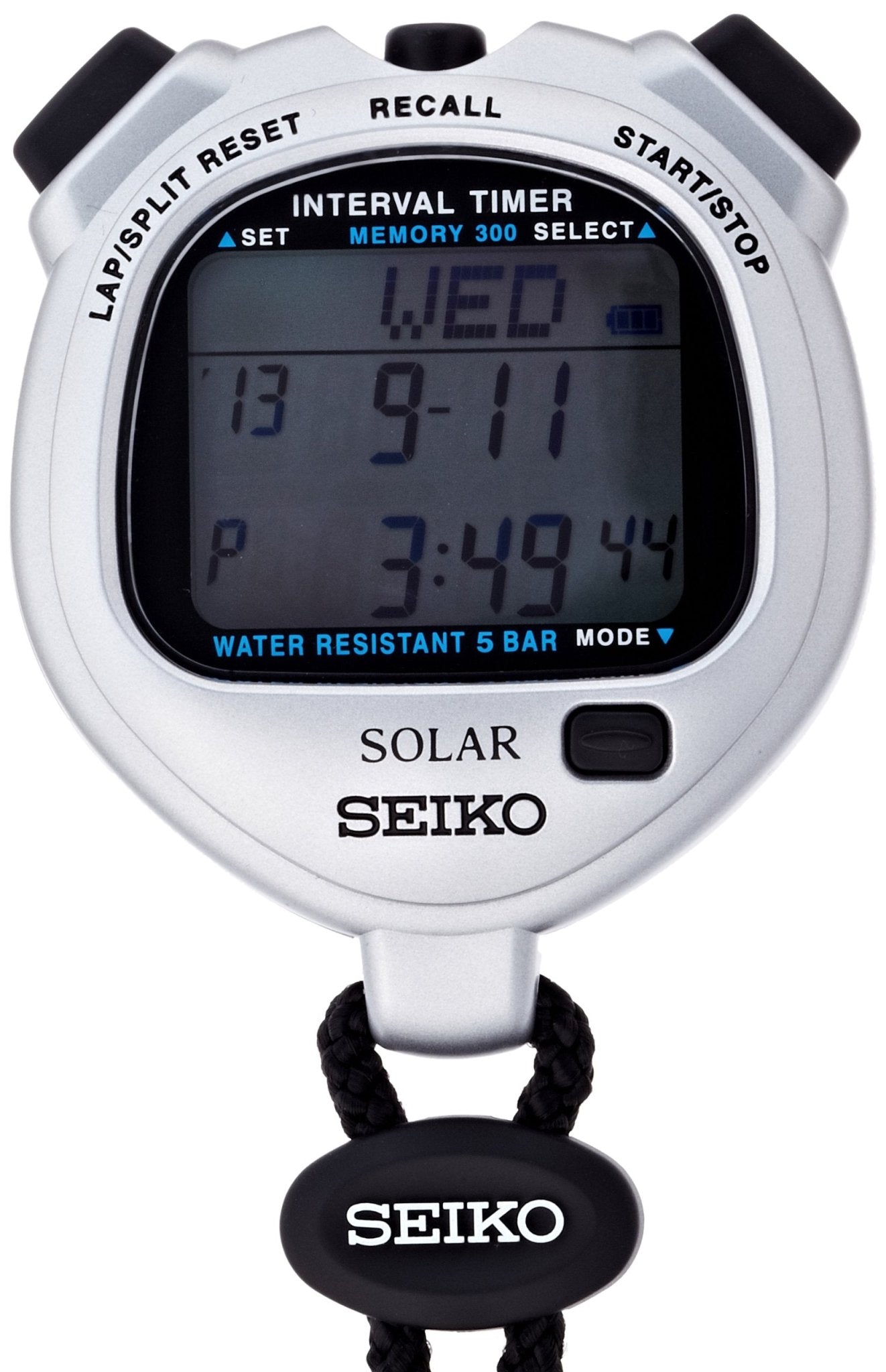 `Seiko Solar Interval Timer Sports Stopwatch SVAJ101, Silver Slim Lightweight, No Battery Replacement Required